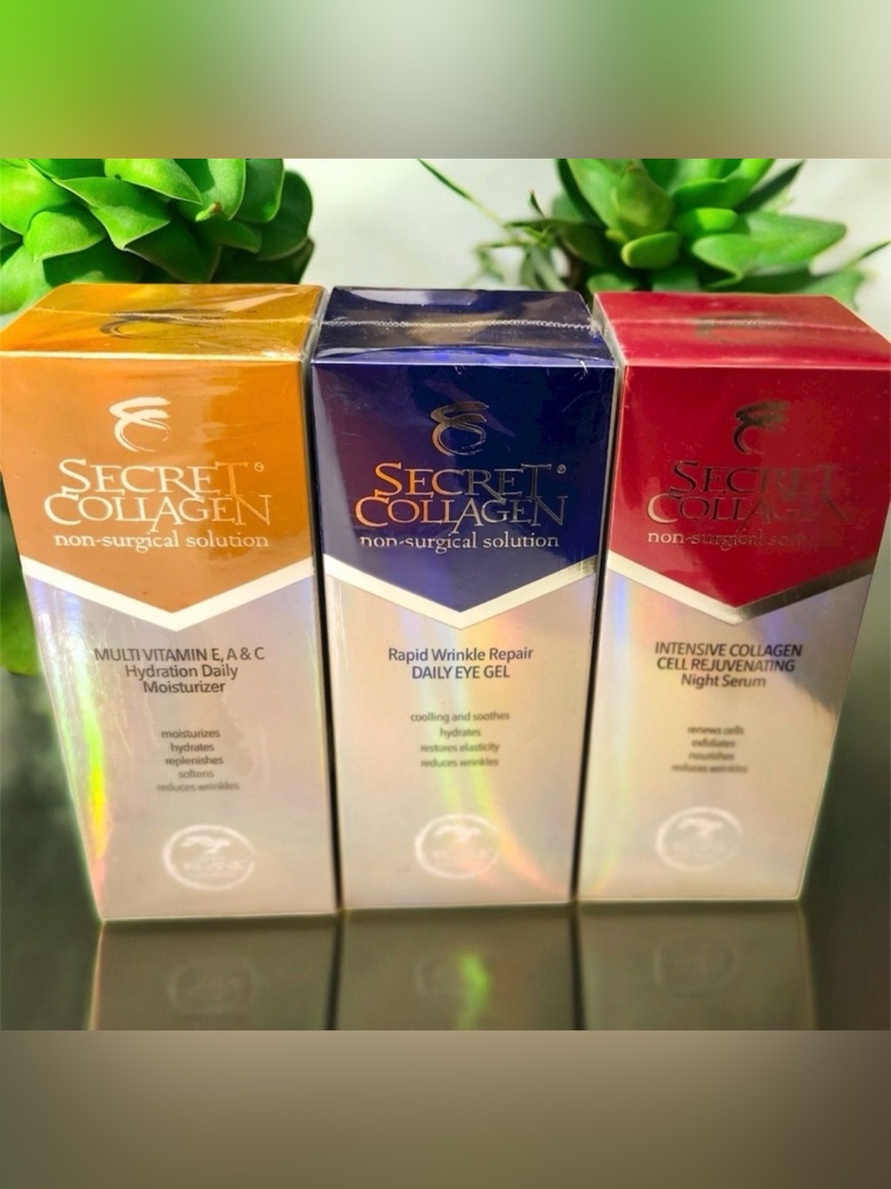 NIB-3 PC Set-Secret Collagen-Daily Moisturizer, Day & Night Eye Serum